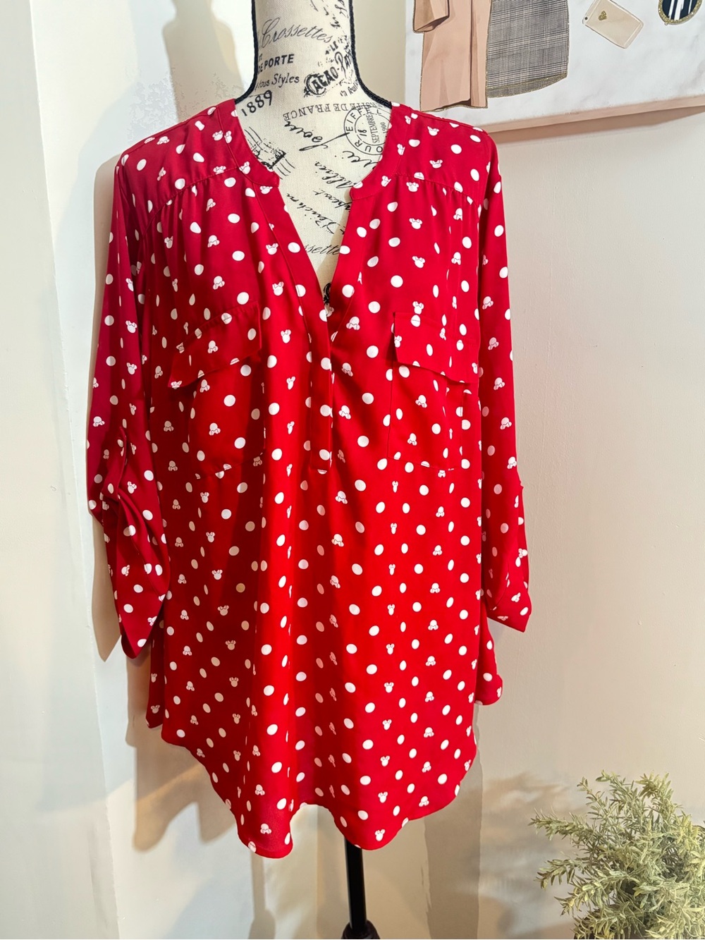 Disney Red Polka Dot Mickey Print Tunic Blouse
